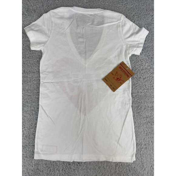 True Religion TRBJ Red Heart White V-Neck Tee Shirt Womens S 100% Cotton NWT - Picture 3 of 10